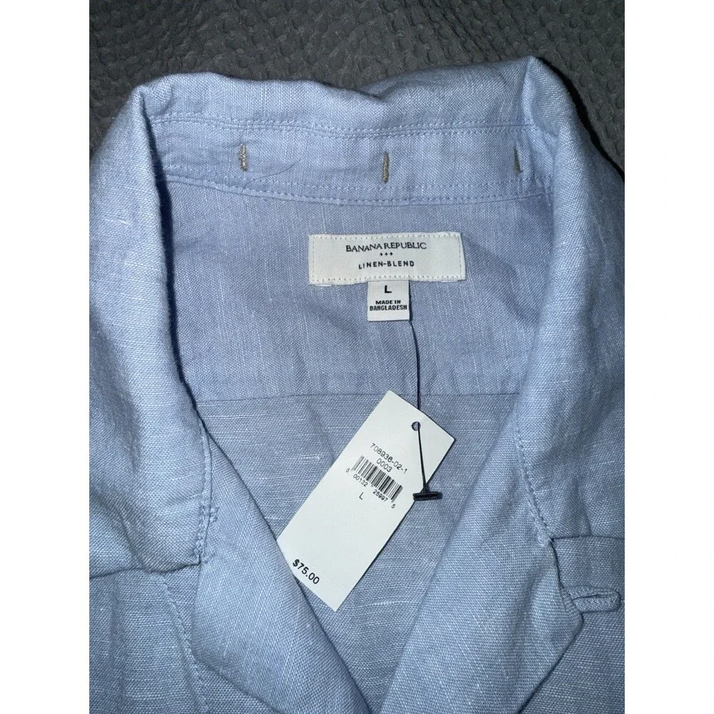 Banana Republic Linen Blend Button Down Camp Collar Shirt Light Blue Size L